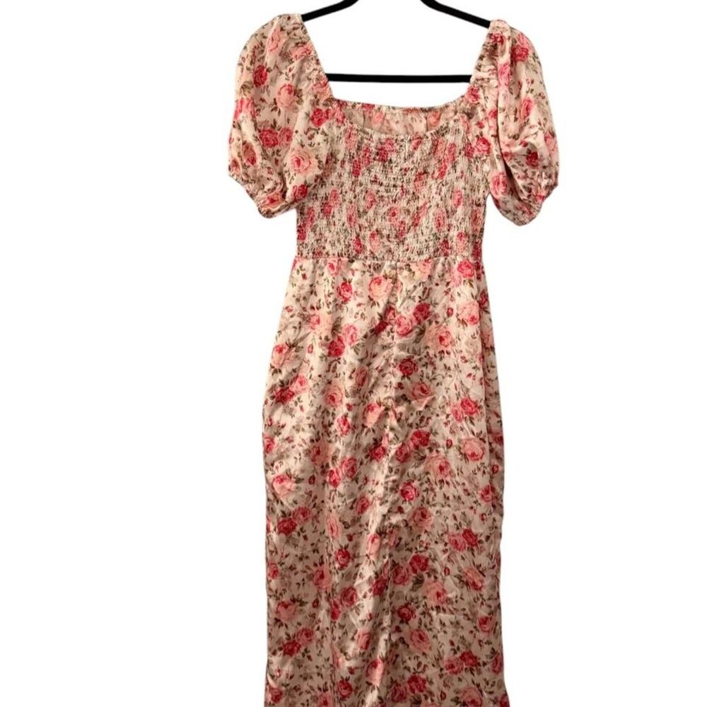 Floral Rose Print Smocked Puff Sleeve Midi Dress — Y2K Retro Cottagecore Trendy